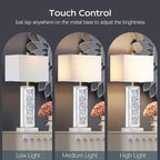 Modern Table Lamp Set of 2 Touch Control, Silver Mirror Big Diamond Crystal Bedside Lamp with USB C+A Ports, 3-Way Dimmable Mirrored Nightstand Lamps White Fabric Shade for Living Room Bedroom