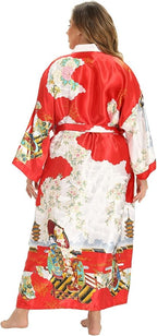 Women's Floral Long Satin Robes Plus Size Long Silk Robes Peacock Floral Kimonos Sleepwear Dressing Gown