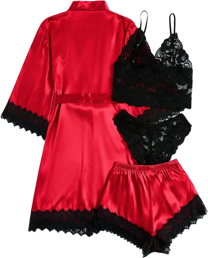 WDIRARA Women' Silk Satin Pajamas Set 4pcs Lingerie Floral Lace Cami Sleepwear with Robe