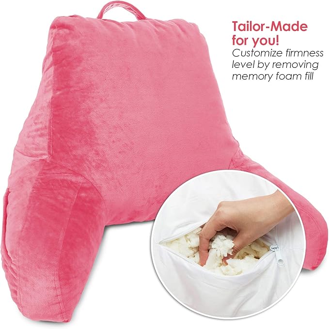 Clara Clark Reading Pillow for Kids & Teens with Shredded Memory Foam, Backrest Pillows for Reading, Watching, and Gaming, Use on The Couch, Bed, or Floor, Adjustable Support Washable Cover Light Pink