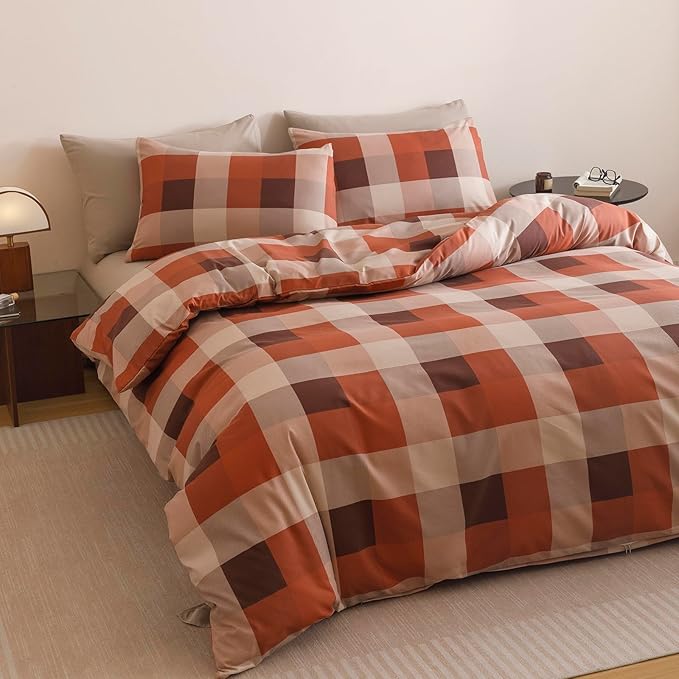 CLOTHKNOW Rust Khaki Plaid Twin Comforter Set Gingham Buffalo Bedding Comforter Sets Checker Comforter Soft Lightweight Fluffy