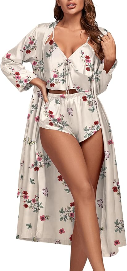 OPOIPIN Women's 3 Piece Pajama Set Sexy Cami Top and Shorts with Robe Sleepwear Loungewear Set