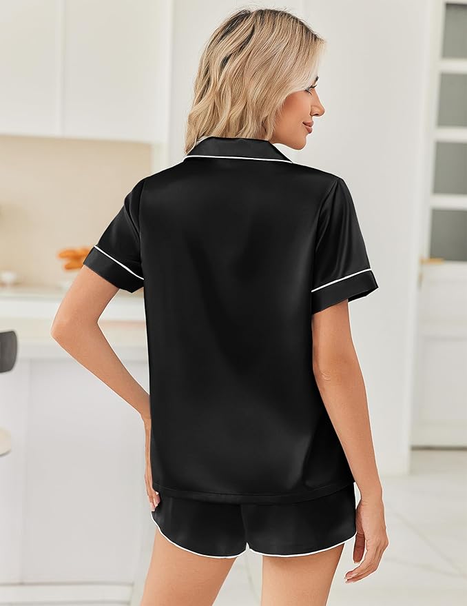 Ekouaer Womens Silk Satin Pajama Sets 2 Piece Button Down Silk Pjs Shorts Sets Cute Print Short Sleeve Sleepwear S-4XL