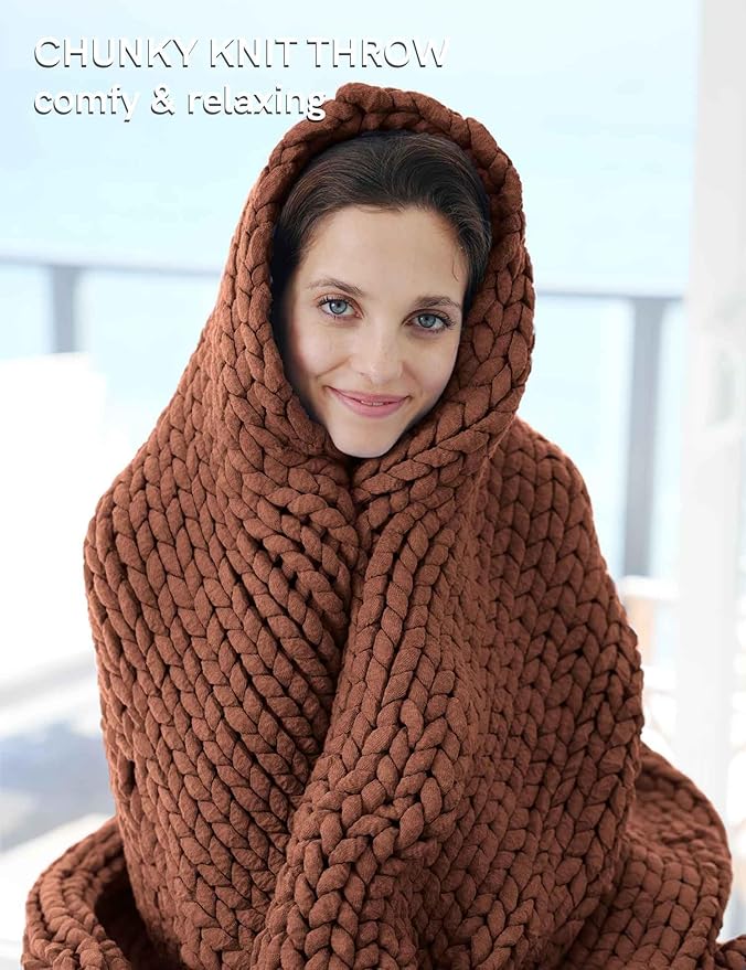 YnM Chunky Throw Blanket, Medium-Weight, Hand Knitted, Skin Friendly, Ventilated and Breathable, Machine Washable, Home Décor Piece for Couch, Sofa and Bed (Brown, 40x50 Inch)