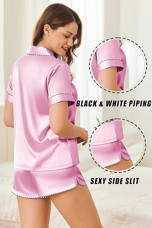 Ekouaer Silk Satin Pajamas Set Short Sleeve Pj Sets Black & White Contrast Piping Pjs Button Down Lounge Sets 2 Piece