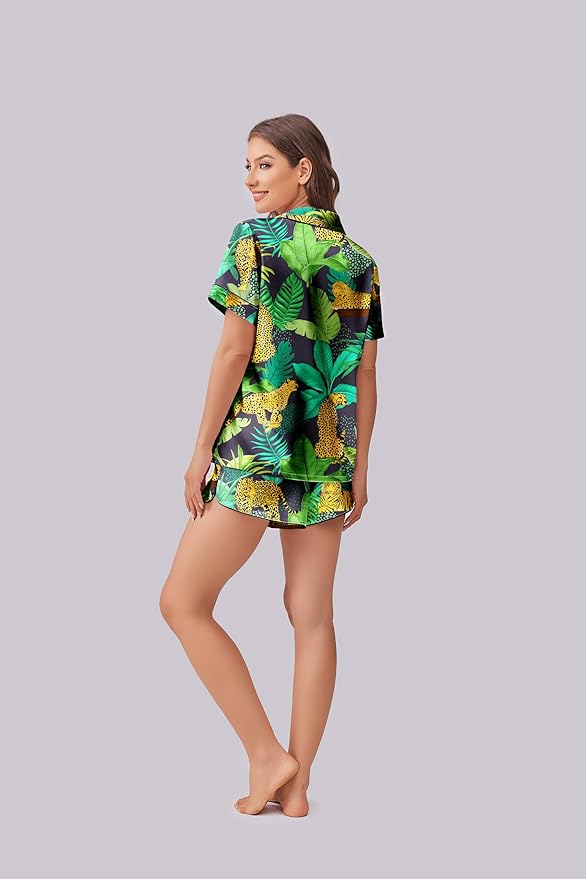 Ekouaer Womens Silk Satin Pajama Set Print Short Sleeve Sleepwear Button Down Pjs Shorts Set Loungewear