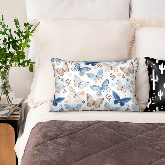 Vintage Blue Brown Butterfly 1 Pack Satin Pillowcase for Hair and Skin Floral 1 Pack Satin Pillowcase with Hidden Zipper Soft Breathable Cooling Pillow Cover Queen Size for Bedroom Sofa 20”x30”