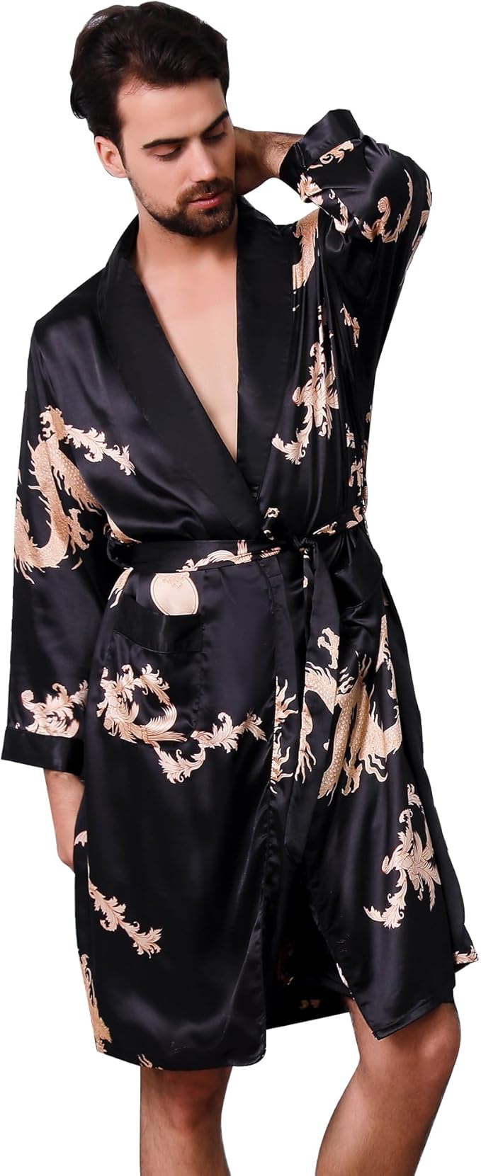 Haseil Men's Satin Robe Dragon Luxurious Silk Spa Long Sleeve House Kimono Bathrobe