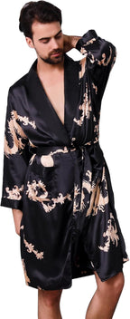 Haseil Men's Satin Robe Dragon Luxurious Silk Spa Long Sleeve House Kimono Bathrobe