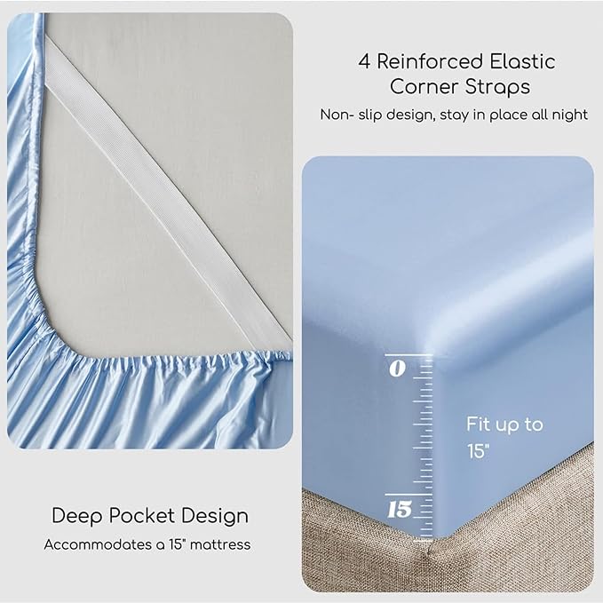 MR&HM Satin Bed Sheets, Full Size Sheets Set, 4 Pcs Silky Bedding Set with 15 Inches Deep Pocket for Mattress (Full, Light Blue)