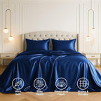 Pure Bedding Satin Sheets Twin [3-Piece, Navy] Hotel Luxury Silky Bed Sheets - Extra Soft 1800 Microfiber Sheet Set, Wrinkle, Fade, Deep Pocket Fitted Sheet, Flat Sheet, Pillow Cases