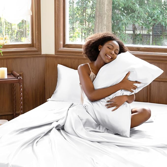 CozyLux Satin Sheets Full Size Sheets - 6 Piece Silky Full Size Bed Sheets, Luxury White Full Bed Set with Smooth and Soft Microfiber, Includes 1 Fitted Sheet, 1 Flat Sheet and 4 Pillowcases