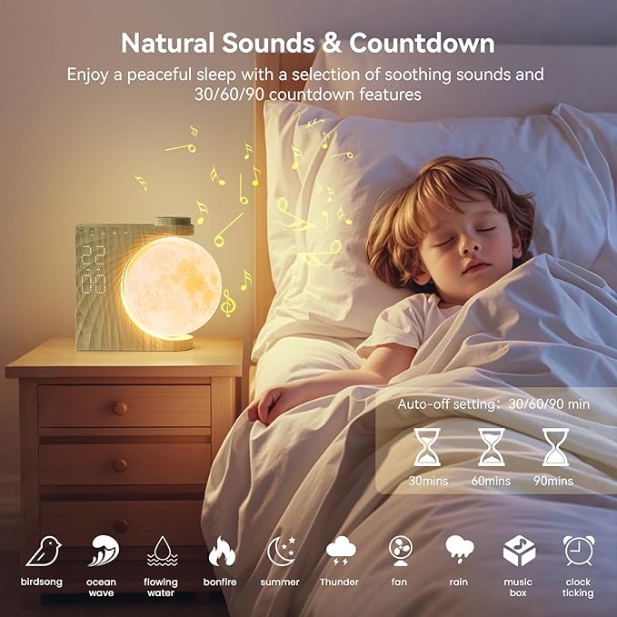 RETEYUNG Rotatable Moonlight Sunrise Alarm Clock,Sound Machines, Night Lamp for Bedrooms with Snooze, 10 Light Effects, 30/60/90 Timer, 10 Sleep Nature Sounds,15 Ringtones,12 Volume(Light Woodgrain)