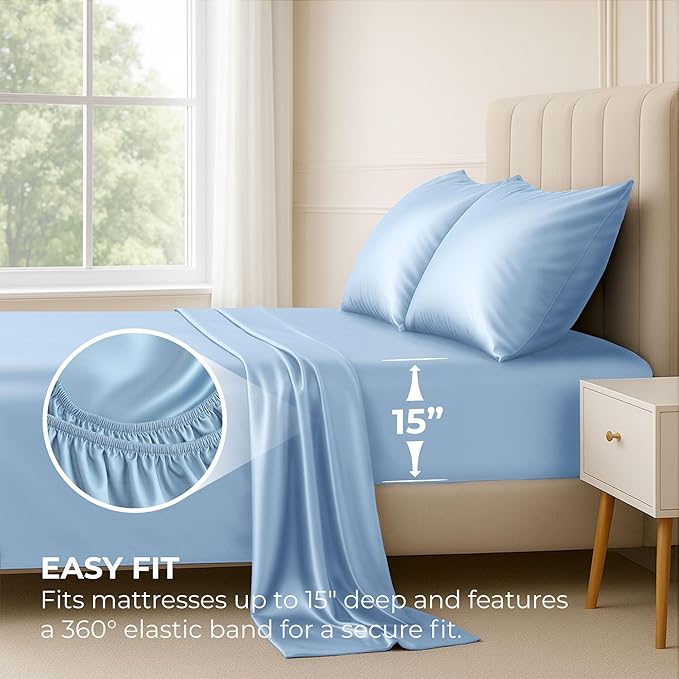 Satin Sheets Queen [4-Piece, Baby Blue] Hotel Luxury Silky Bed Sheets - Extra Soft 1800 Microfiber Sheet Set, Wrinkle, Fade, Stain Resistant - Deep Pocket Fitted Sheet, Flat Sheet, Pillow Cases