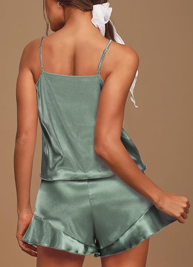 Aamikast Womens Silk Satin Pajama Sets Sexy Cami Ruffled Shorts Sets 2 Piece Pjs Sleepwear
