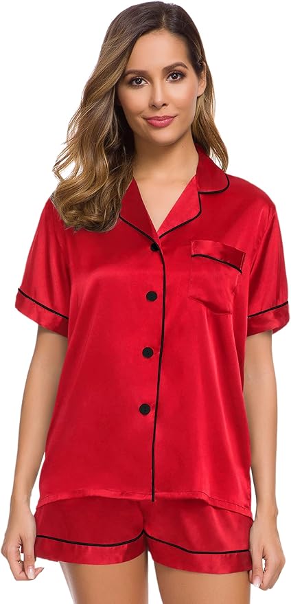 SWOMOG Womens Silk Satin Pajamas Set Short Sleeve Sleepwear Button Down Top and Shorts Loungewear 2 Piece Pjs Set XS-3XL