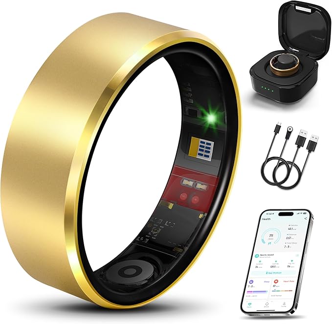 Smart Health Ring 2.0 for Women Men, Slim Scratch & Fingerprint Resistant Design, Efficient Chip Fitness Tracker, Monitors Heart, Blood Oxygen & Pressure, Sleep, Steps, Waterproof, Gold 6