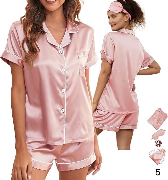 WJing Yi Jia 5Pcs Womens Soft Satin Pajama Set XS-4XL Button-Down Silk Pajamas Floral Sleepwear Bridal Pjs Lounge Pj Sets