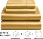 Satin Sheets King [4-Piece, Gold] Hotel Luxury Silky Bed Sheets - Extra Soft 1800 Microfiber Sheet Set, Wrinkle, Fade, Stain Resistant - Deep Pocket Fitted Sheet, Flat Sheet, Pillow Cases