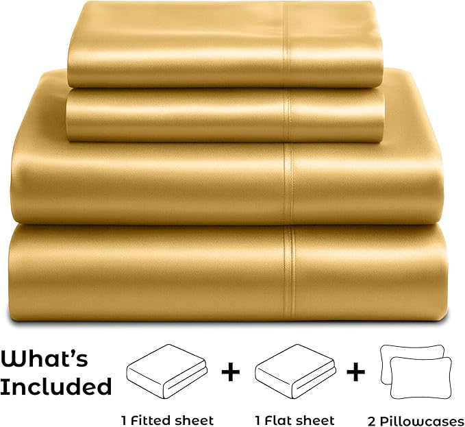 Satin Sheets King [4-Piece, Gold] Hotel Luxury Silky Bed Sheets - Extra Soft 1800 Microfiber Sheet Set, Wrinkle, Fade, Stain Resistant - Deep Pocket Fitted Sheet, Flat Sheet, Pillow Cases