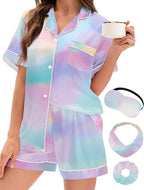 EPLAZA Silk Pajamas for Women Satin Pajamas Set 5 Pcs Long Sleeve Print Pattern Button Down Pjs Sleepwear Loungewear Set