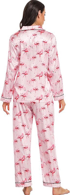SWOMOG Womens Silk Satin Pajamas Set Long Sleeve Button Down Sleepwear 2 Piece Lounge Set Pj Set XS-3XL
