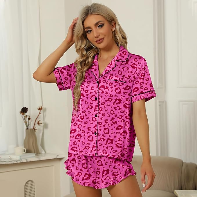 SAPJON Satin Silk Pajamas for Women 2Pcs Ruffle Notch Collar Sleepwear Button Down Short Sleeve Shorts Pjs Set Loungewear