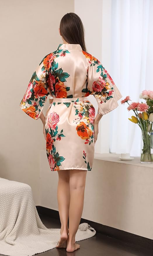 QXQTER Peony Floral Silky Satin Robe Wedding Bridal Party Bride Bridesmaid Robes for Women Dressing Gown Kimono Robe