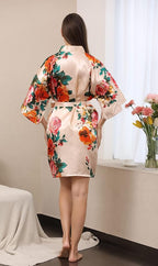 QXQTER Peony Floral Silky Satin Robe Wedding Bridal Party Bride Bridesmaid Robes for Women Dressing Gown Kimono Robe