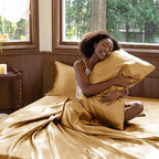 CozyLux Satin Sheets Queen Size Bed Set - 4 Piece Silky Queen Sheet Set, Luxury Gold Queen Sheets with Smooth and Soft Microfiber, Includes 1 Fitted Sheet, 1 Flat Sheet and 2 Pillowcases