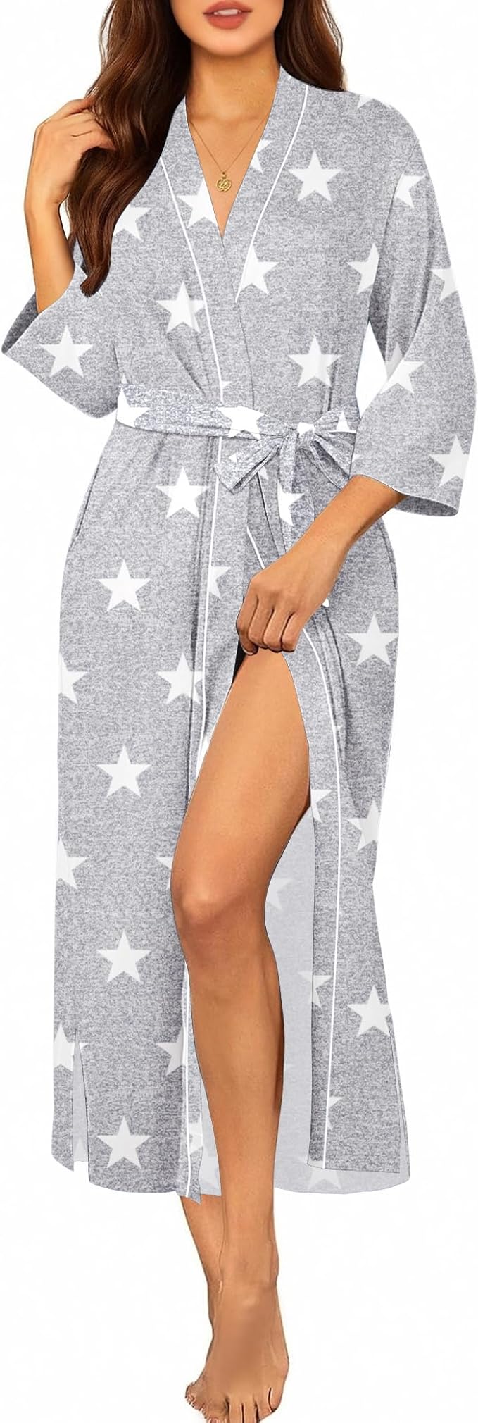 Ekouaer Robes for Women Long Knit Bathrobe Lightweight 3/4 Sleeves Kimono Robe Soft Sleepwear with Pockets S-XXL