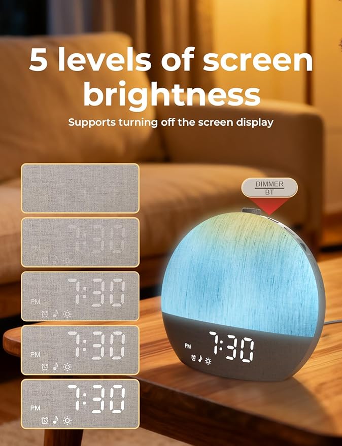 LIORQUE Sunrise Alarm Clock, Digital Alarm Clocks Bedside, Wake up Light with White Noise for Heavy Sleepers, 30 Sleep Sounds, Sleep Timer, Adjustable Volume & Brightness,Screen Free Design, Bluetooth