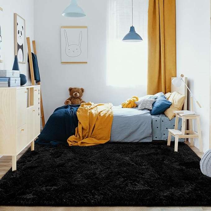 Jelymark Super Soft Shaggy Rug for Bedroom, 4x5.9 Feet Fluffy Carpet for Living Room, Fuzzy Indoor Plush Area Rug for Home Decor, Furry Floor Rugs for Dorm, Kids Nursery Rug for Girls, Black