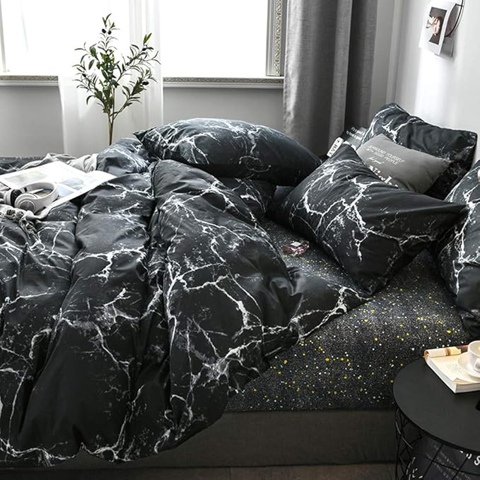CLOTHKNOW Black Marble California King Comforter Set Black White Bedding Sets Abstract Comforter with 2 x Pillow Cases