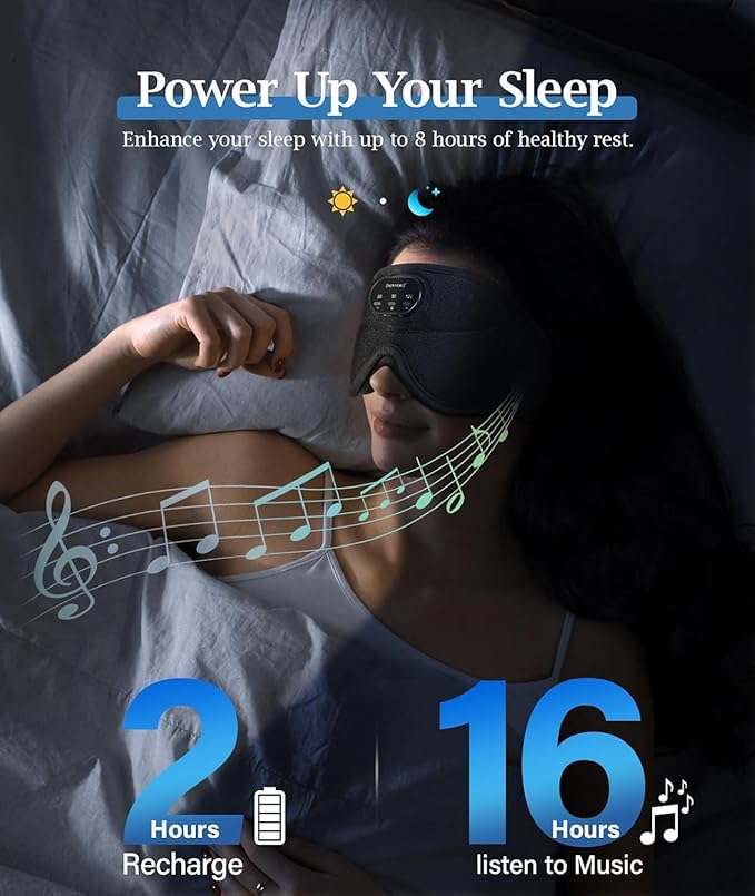 Bluetooth Sleep Headphones for Side Sleepers with Timming Setting, 100% Blackout 3D Contoured Eye Mask for Sleeping & Music Auto Shut Off, Breathable No Pressure for Side Sleeper Travel