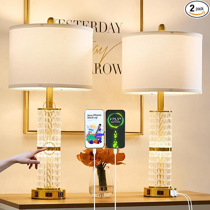 SAIWEYA Crystal Table Lamps Modern 3-Way Dimmable Bedside Lamp with 2 USB Ports & AC Outlets for Living Room Bedroom Nightstand Lamp Night Light