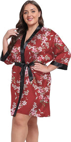 Women's Plus Size Satin Kimono Robes Short Silky Bathrobe Wedding Getting Ready Sleepwear Loungewear