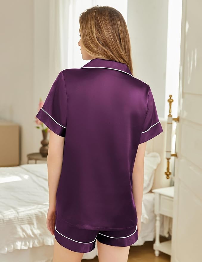 Silk Pajamas for Women Short Sleeve Sleepwear Soft Button Down Loungewear 2 Piece Satin Pjs Shorts Set S-XXL