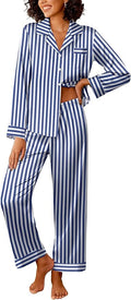 Ekouaer Womens Silk Satin Pajama Sets 2 Piece Sleepwear Pjs Set Long Sleeve Button Down Top and Pants Stripe Loungewear S-XXL
