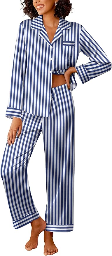 Ekouaer Womens Silk Satin Pajama Sets 2 Piece Sleepwear Pjs Set Long Sleeve Button Down Top and Pants Stripe Loungewear S-XXL
