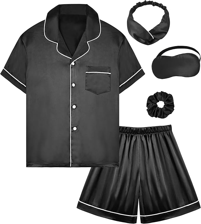EPLAZA Kids Satin Pajamas Sets Girls Boys Button-Down Silky Pajamas Sleepwear with Hairband Eye Mask Hair Tie