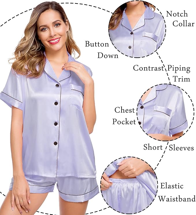 LecGee Womens Silk Satin Pajamas Short Sleeve Loungewear Two-Piece Sleepwear Button-Down Pj Set