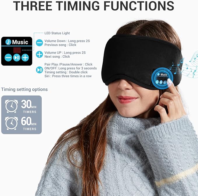 Sleep Headphones - Sleep Mask with Bluetooth Headphones (Black), Washable Bluetooth Sleep Mask, Built-in Speaker and Microphone, Side Sleeping, Meditation & Travel