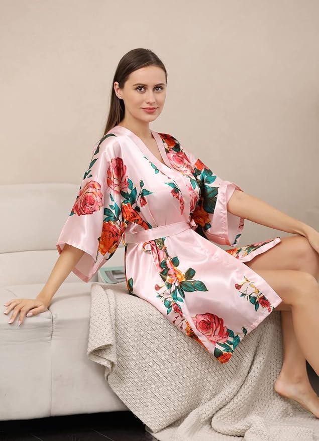 QXQTER Peony Floral Silky Satin Robe Wedding Bridal Party Bride Bridesmaid Robes for Women Dressing Gown Kimono Robe
