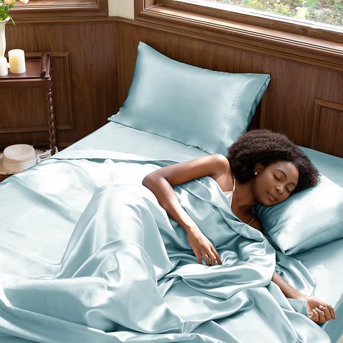 CozyLux Satin Sheets Full Size Sheets - 4 Piece Silky Full Size Bed Sheets, Luxury Light Blue Full Bed Set with Smooth and Soft Microfiber, Includes 1 Fitted Sheet, 1 Flat Sheet and 2 Pillowcases