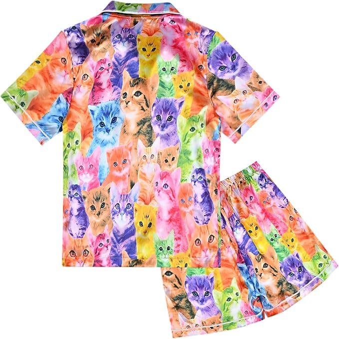 QPANCY Kids Satin Pajamas Sets Baby Boy Girl Button-Down Silk Sleepwear 2 Piece Short Sleeve Loungewear Clothes Set