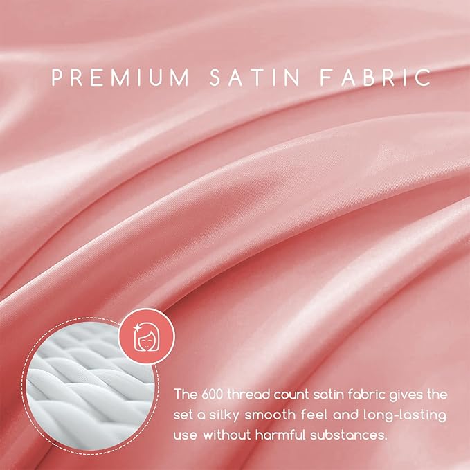 MR&HM Satin Bed Sheets, Full Size Sheets Set, 4 Pcs Silky Bedding Set with 15 Inches Deep Pocket for Mattress (Full, Blush)