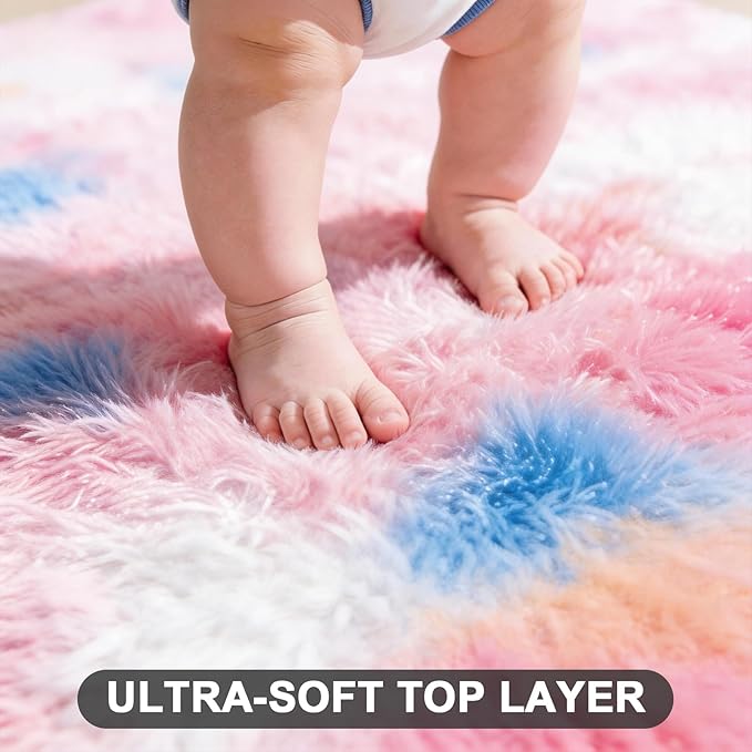 Rainbow Fluffy 5x7 Area Rugs for Bedoom Girls, Soft Fuzzy Furry Shag Rug for Kids Room, Kawaii Princess Plush Shaggy Bedside Rug, Cute Colorful Living Room Decor for Nursery Baby, Upgrade Anti-Skid
