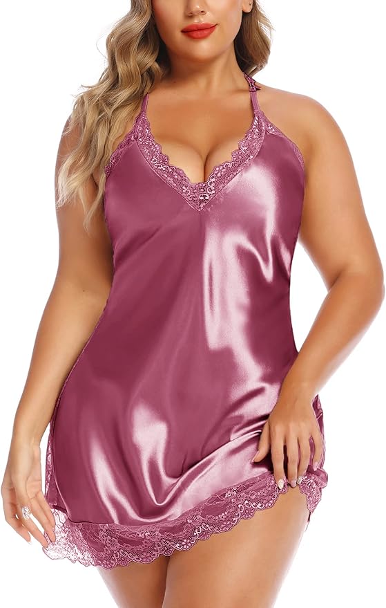 Avidlove Women Lingerie Plus Size Satin Lace Chemise Nightgown Sexy Full Slips Sleepwear L-4XL
