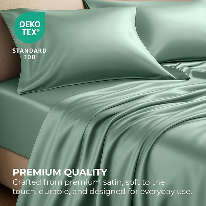 Satin Sheets King [4-Piece, Champagne Green] Hotel Luxury Silky Bed Sheets - Extra Soft 1800 Microfiber Sheet Set, Wrinkle, Fade, Stain Resistant - Deep Pocket Fitted Sheet, Flat Sheet, Pillow Cases